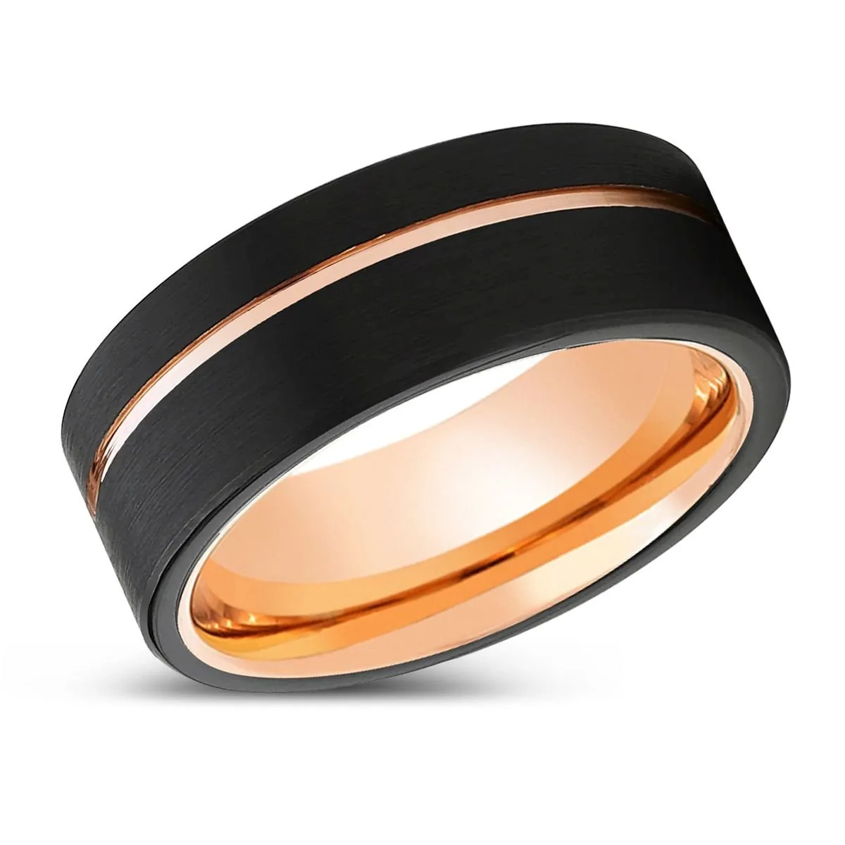 LUMINOUS | Rose Gold Ring, Black Tungsten Ring, Rose Gold Offset Groove, Brushed, Flat