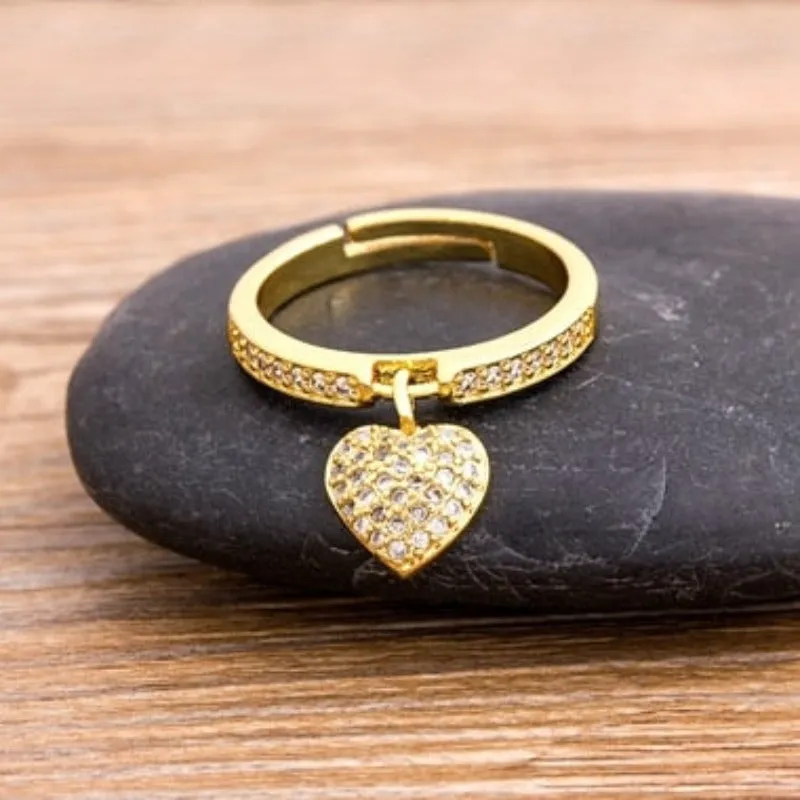 Luxury Zircon Heart Ring 14K Yellow Gold Wedding Party Women Jewelry
