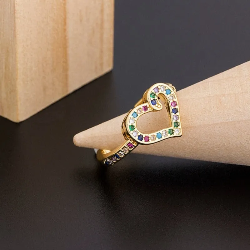 Luxury Zircon Heart Ring 14K Yellow Gold Wedding Party Women Jewelry