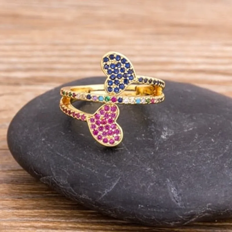 Luxury Zircon Heart Ring 14K Yellow Gold Wedding Party Women Jewelry