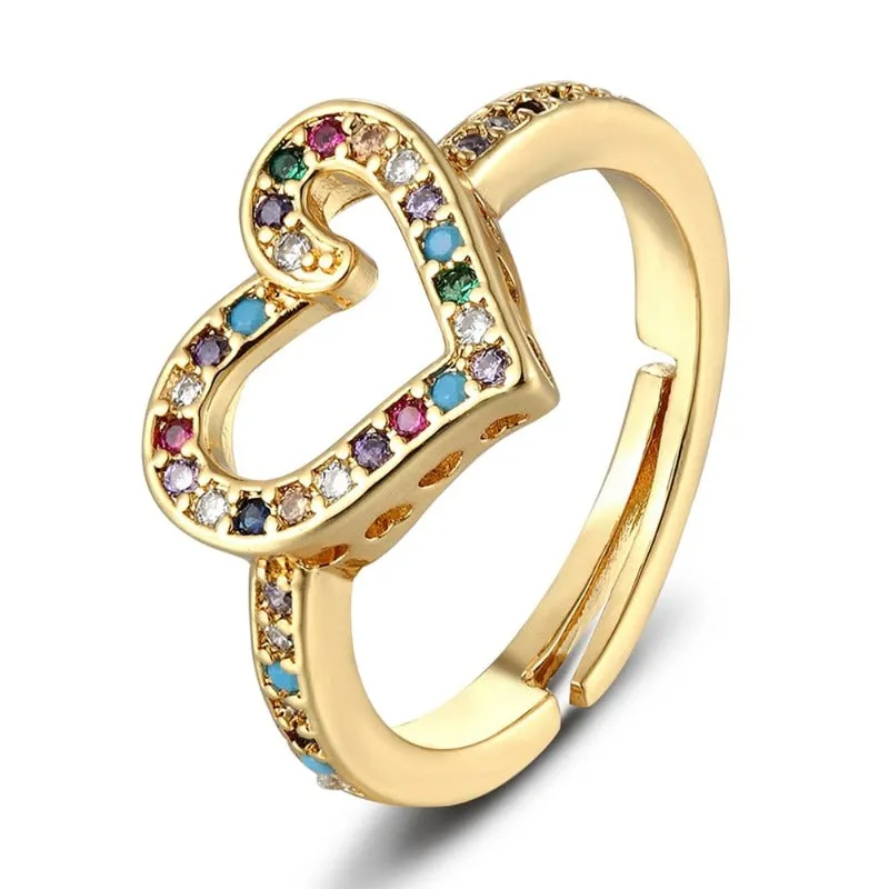 Luxury Zircon Heart Ring 14K Yellow Gold Wedding Party Women Jewelry