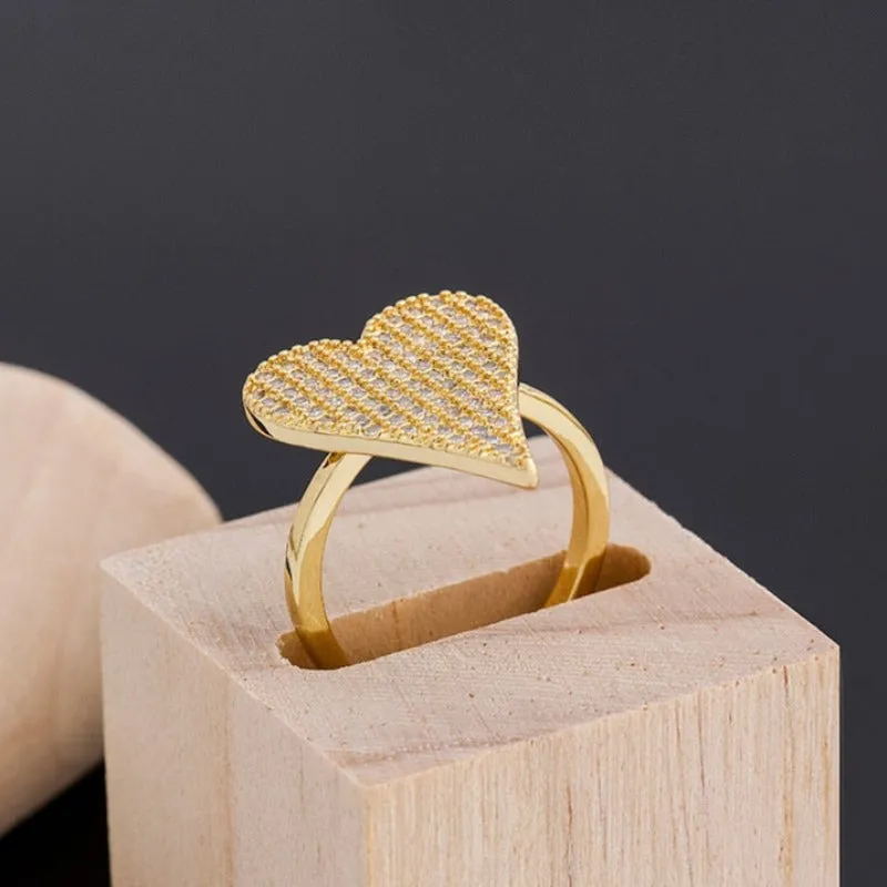 Luxury Zircon Heart Ring 14K Yellow Gold Wedding Party Women Jewelry