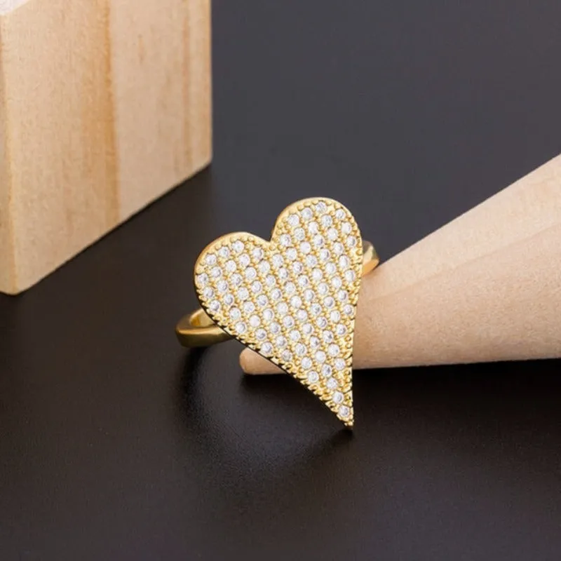 Luxury Zircon Heart Ring 14K Yellow Gold Wedding Party Women Jewelry