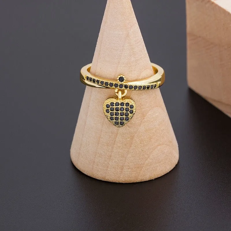 Luxury Zircon Heart Ring 14K Yellow Gold Wedding Party Women Jewelry
