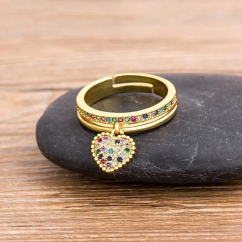 Luxury Zircon Heart Ring 14K Yellow Gold Wedding Party Women Jewelry