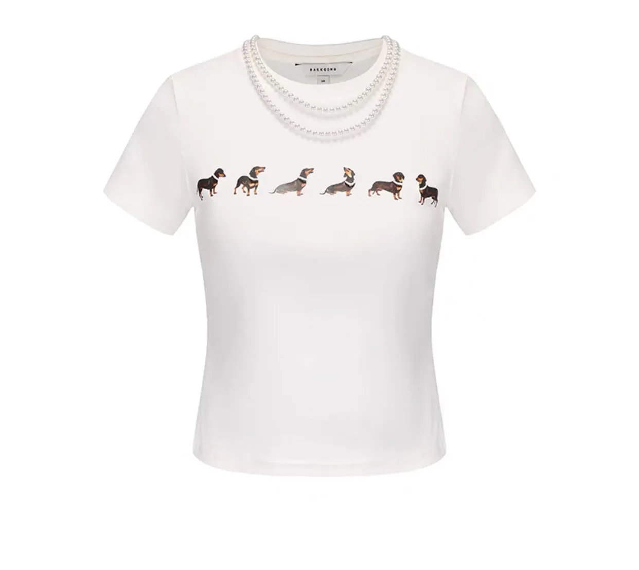 MARKGONG Pearl Necklace Dachshund Stretch T-Shirt