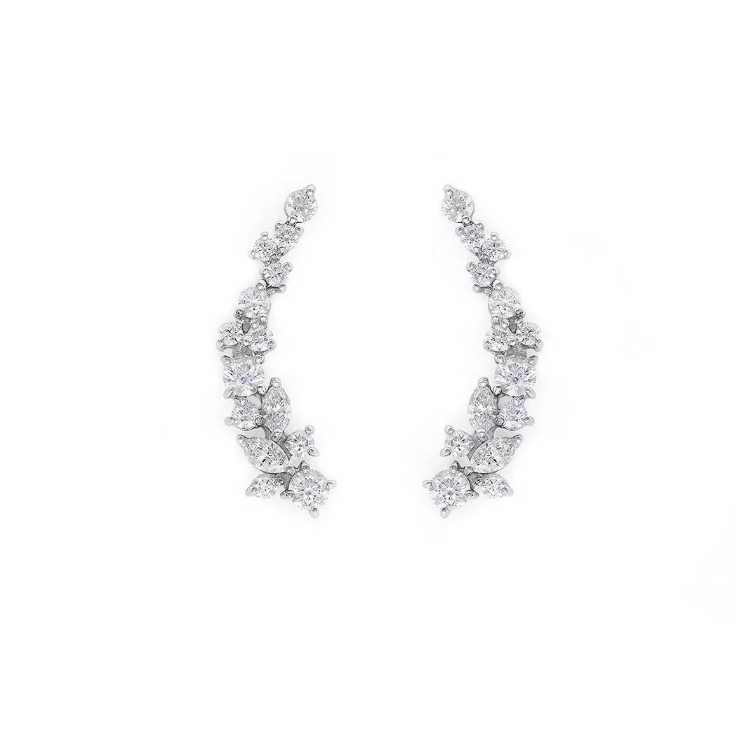 Marquise Cut Diamond and Round Brilliant Cut Diamond Cluster Earrings in 18K Solid White Gold