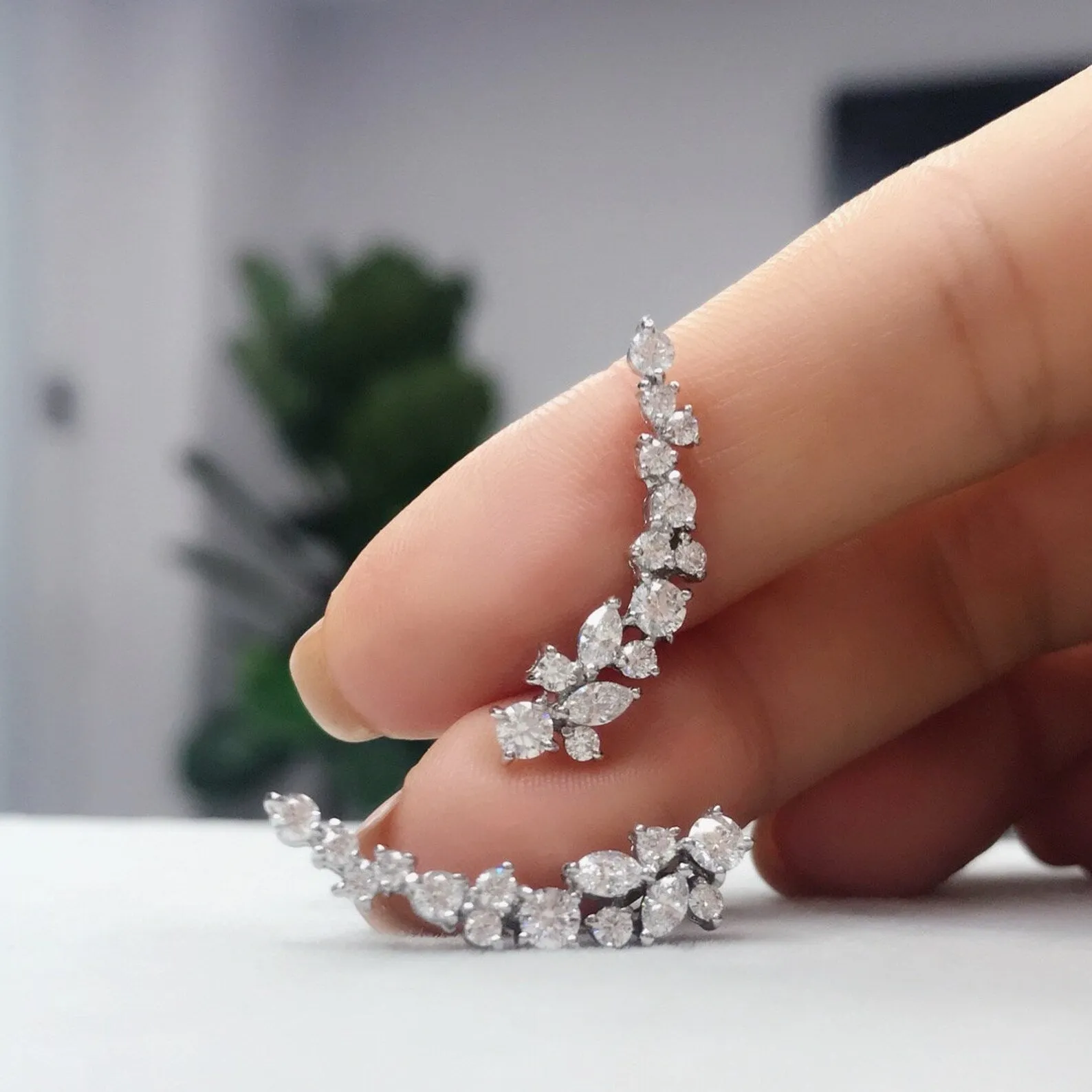Marquise Cut Diamond and Round Brilliant Cut Diamond Cluster Earrings in 18K Solid White Gold