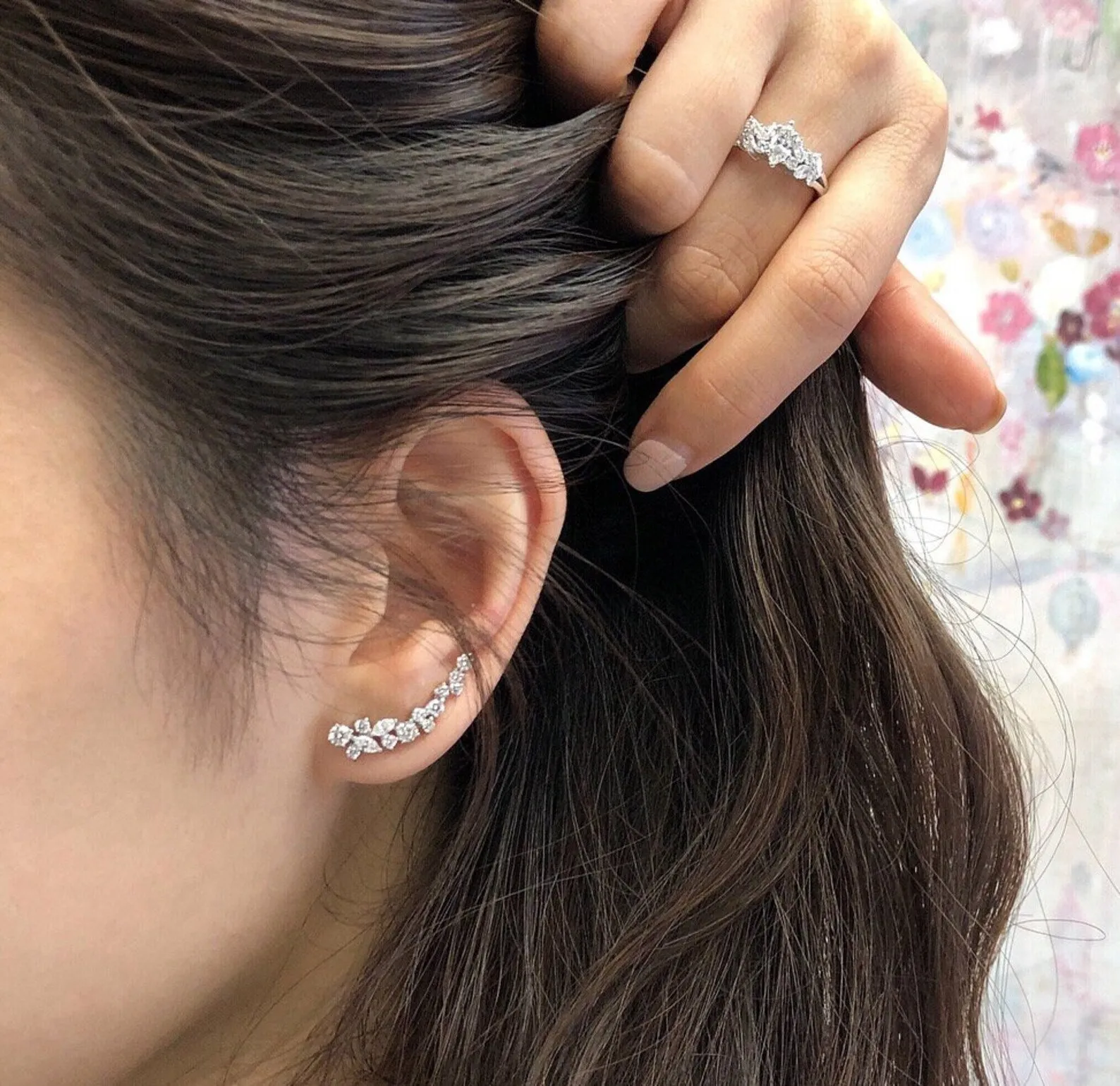 Marquise Cut Diamond and Round Brilliant Cut Diamond Cluster Earrings in 18K Solid White Gold