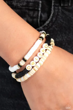 Matriarchal Melody - Black - Clay Disc Gold Letter "WISH" Inspirational Paparazzi Stretchy Bracelet