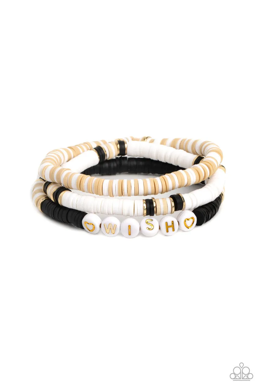 Matriarchal Melody - Black - Clay Disc Gold Letter "WISH" Inspirational Paparazzi Stretchy Bracelet