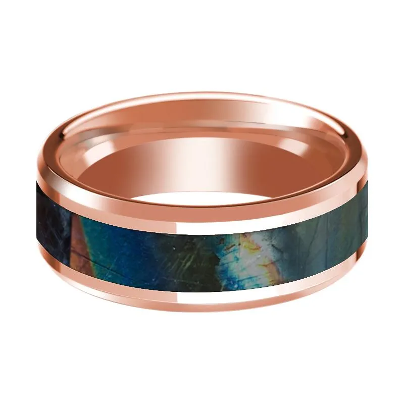 Men's 14k Rose Gold Polished Wedding Band with Spectrolite Inlay & Beveled Edges - 8MM