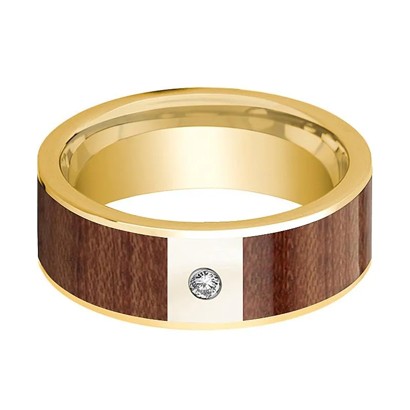 Men's 14k Yellow Gold Flat Wedding Band with Rose Wood Inlay and White Diamond - 8MM