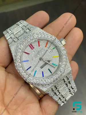 Men's Fully Iced Out Moissanite Diamond Colorful Dial Watch