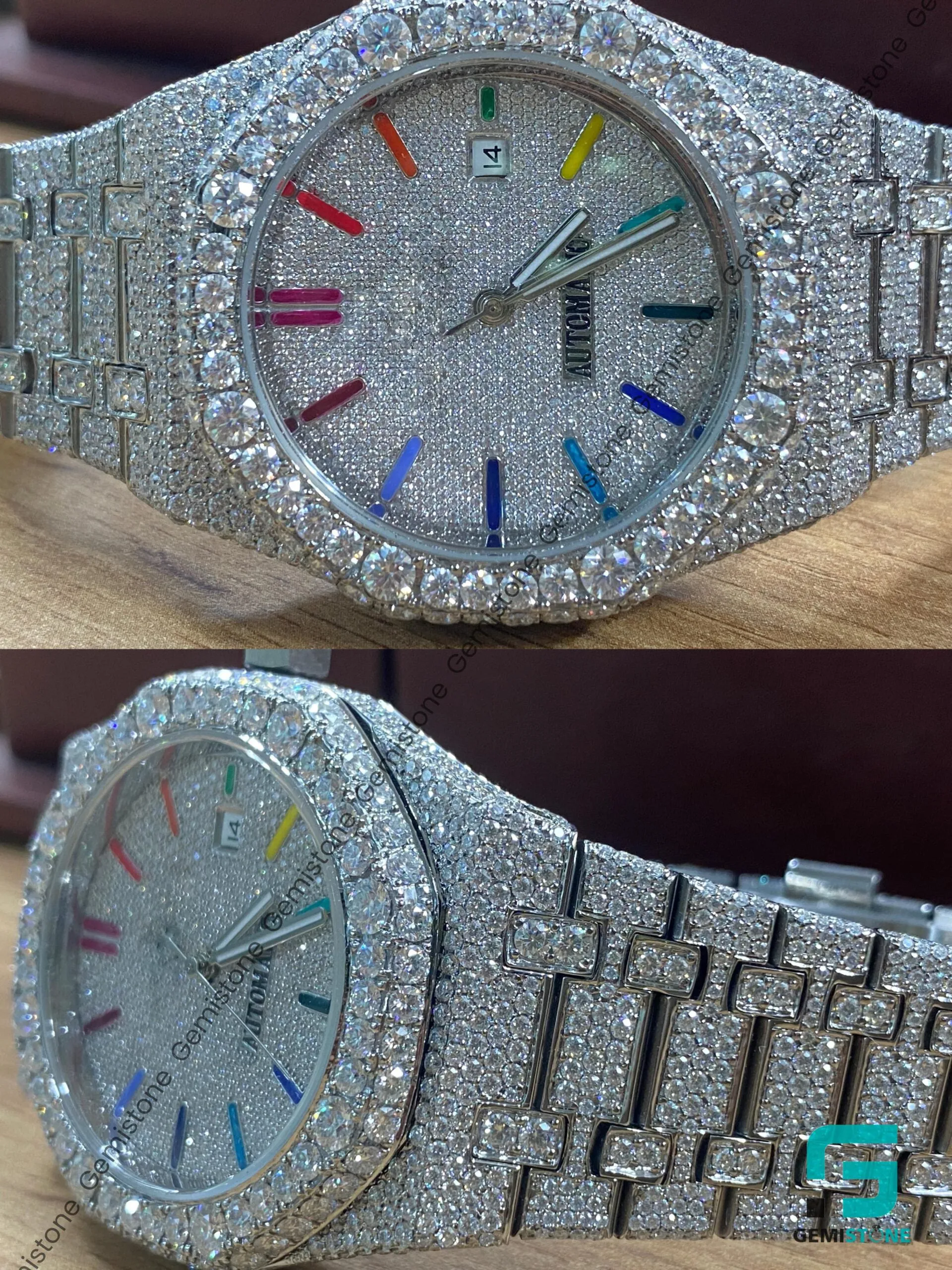 Men's Fully Iced Out Moissanite Diamond Colorful Dial Watch