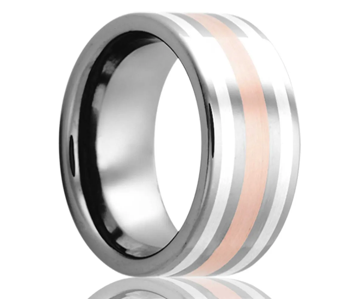 Men's Tungsten Rose Gold And Argentium Silver Inlay Ring