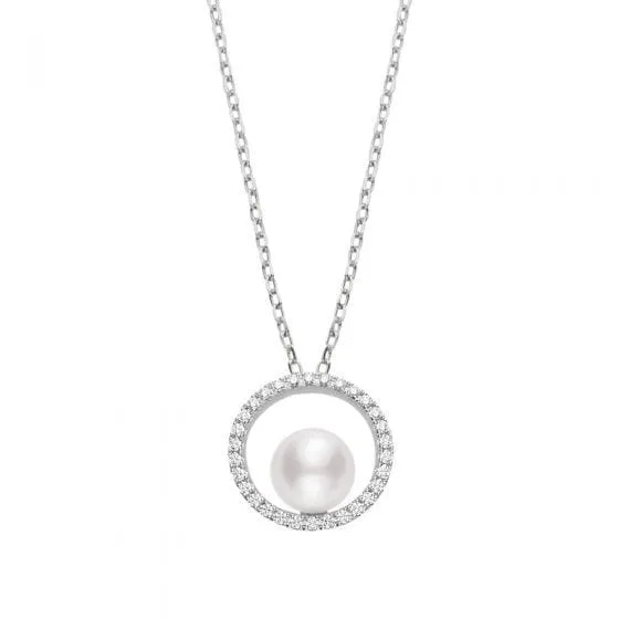 Mikimoto 18K White Gold Diamond Circle Akoya Pearl Necklace