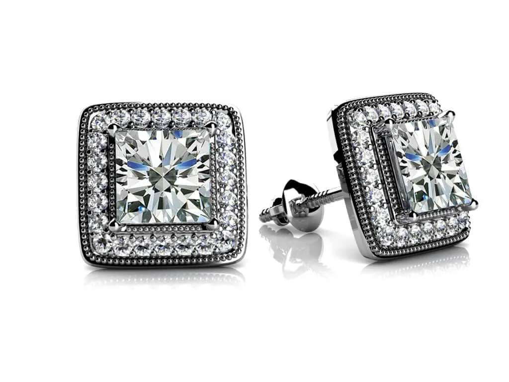 Milgrain Princess Cut Diamond Stud Earrings with 1.00 ct. (2X0.40 ct. center diamonds)