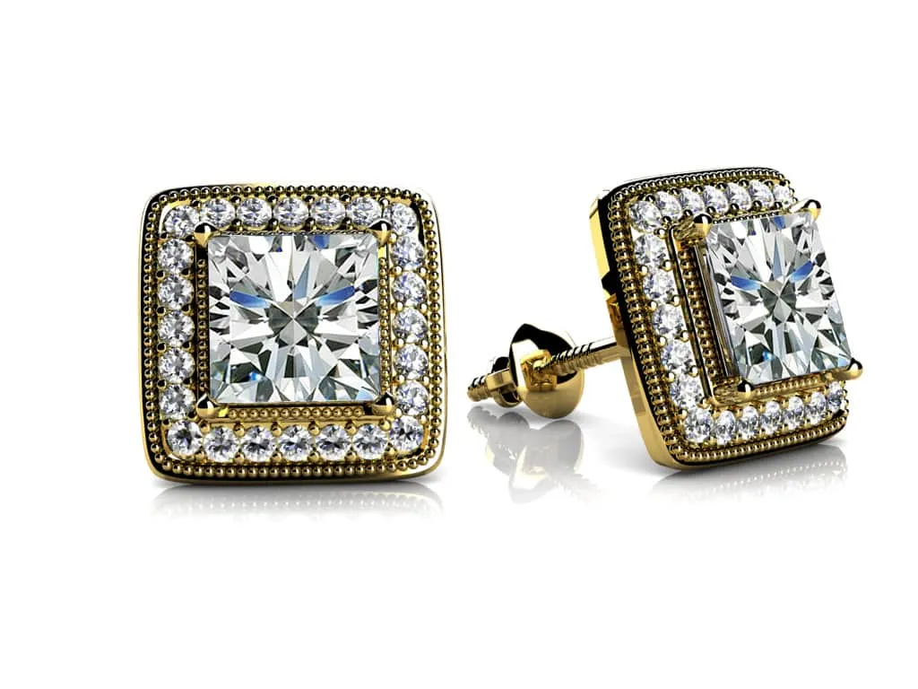 Milgrain Princess Cut Diamond Stud Earrings with 1.00 ct. (2X0.40 ct. center diamonds)