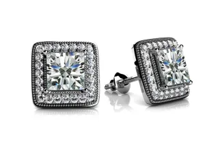 Milgrain Princess Cut Diamond Stud Earrings with 1.00 ct. (2X0.40 ct. center diamonds)