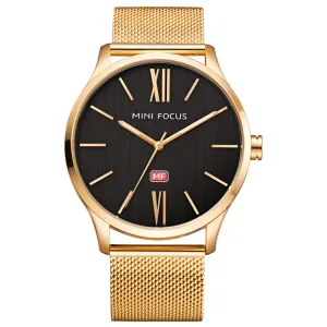 Mini Focus Gold Mesh Bracelet Black Dial Quartz Watch for Gents - MF0018G-05
