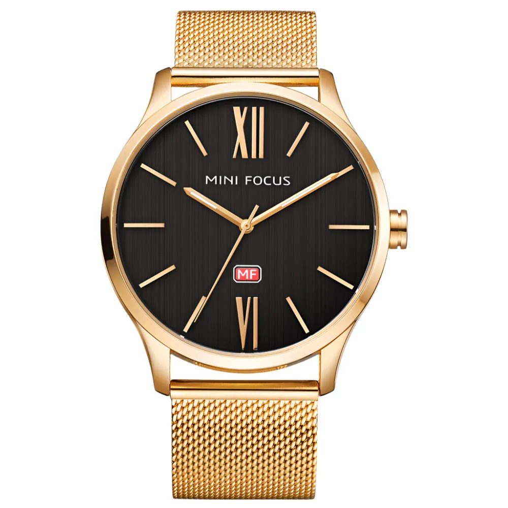 Mini Focus Gold Mesh Bracelet Black Dial Quartz Watch for Gents - MF0018G-05