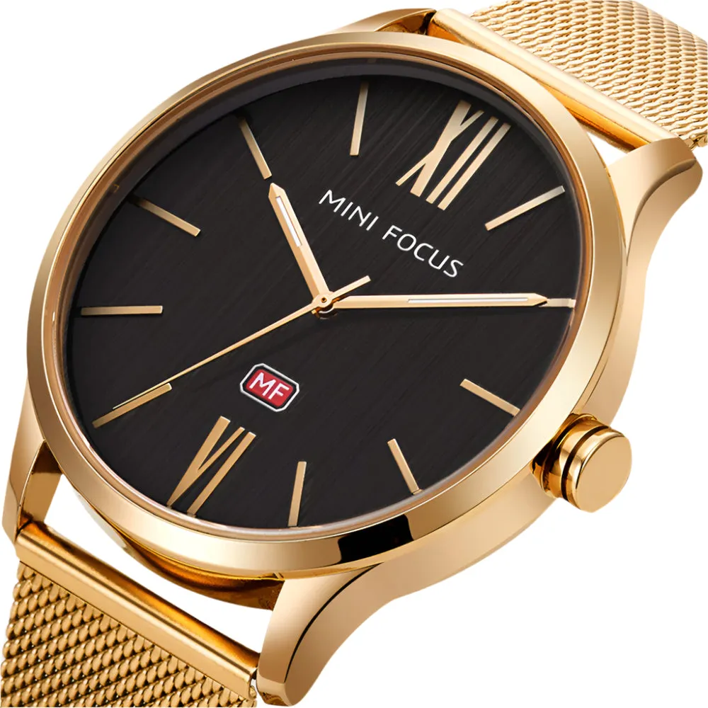 Mini Focus Gold Mesh Bracelet Black Dial Quartz Watch for Gents - MF0018G-05
