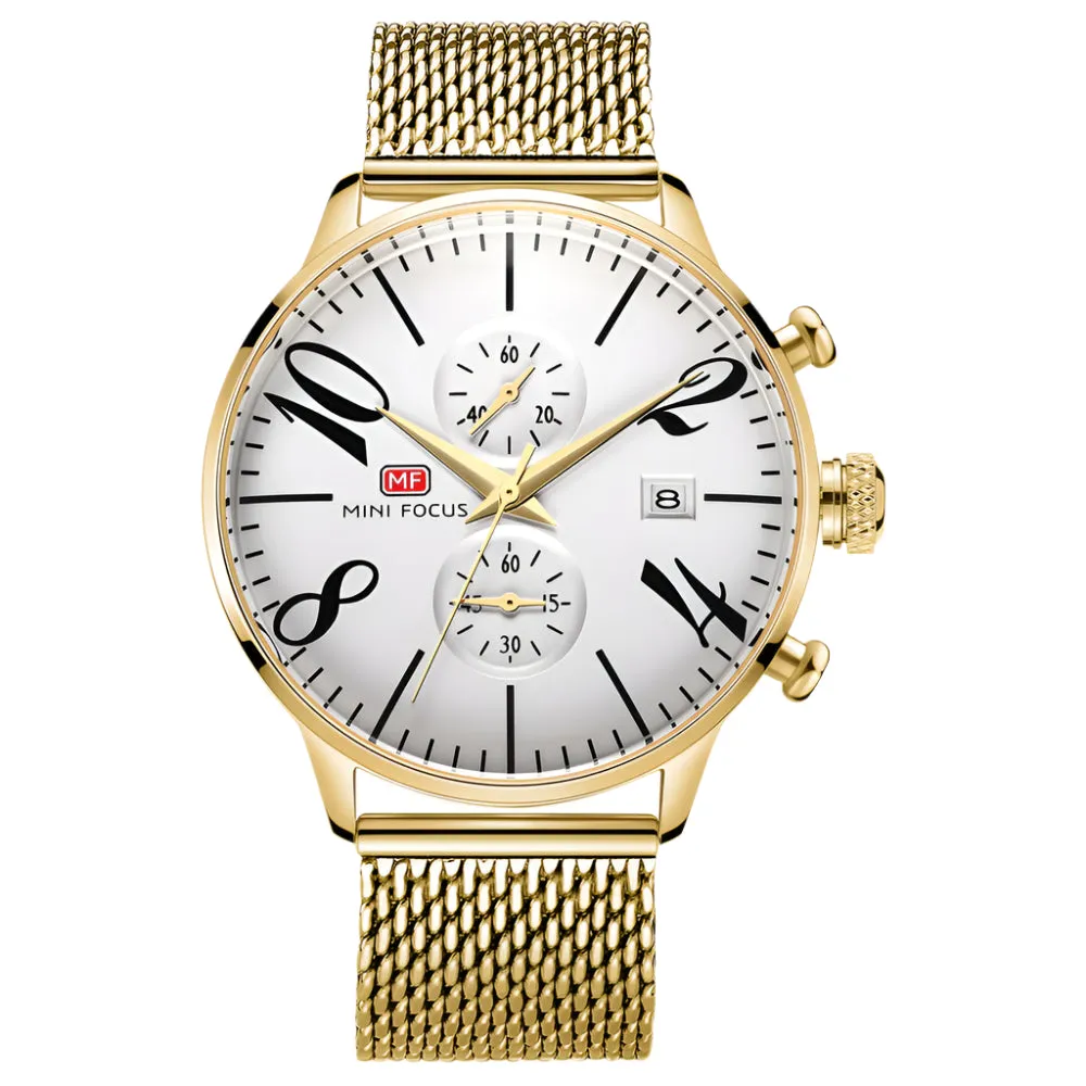 Mini Focus Gold Mesh Bracelet White Dial Chronograph Quartz Watch for Gents - MF0135G-09
