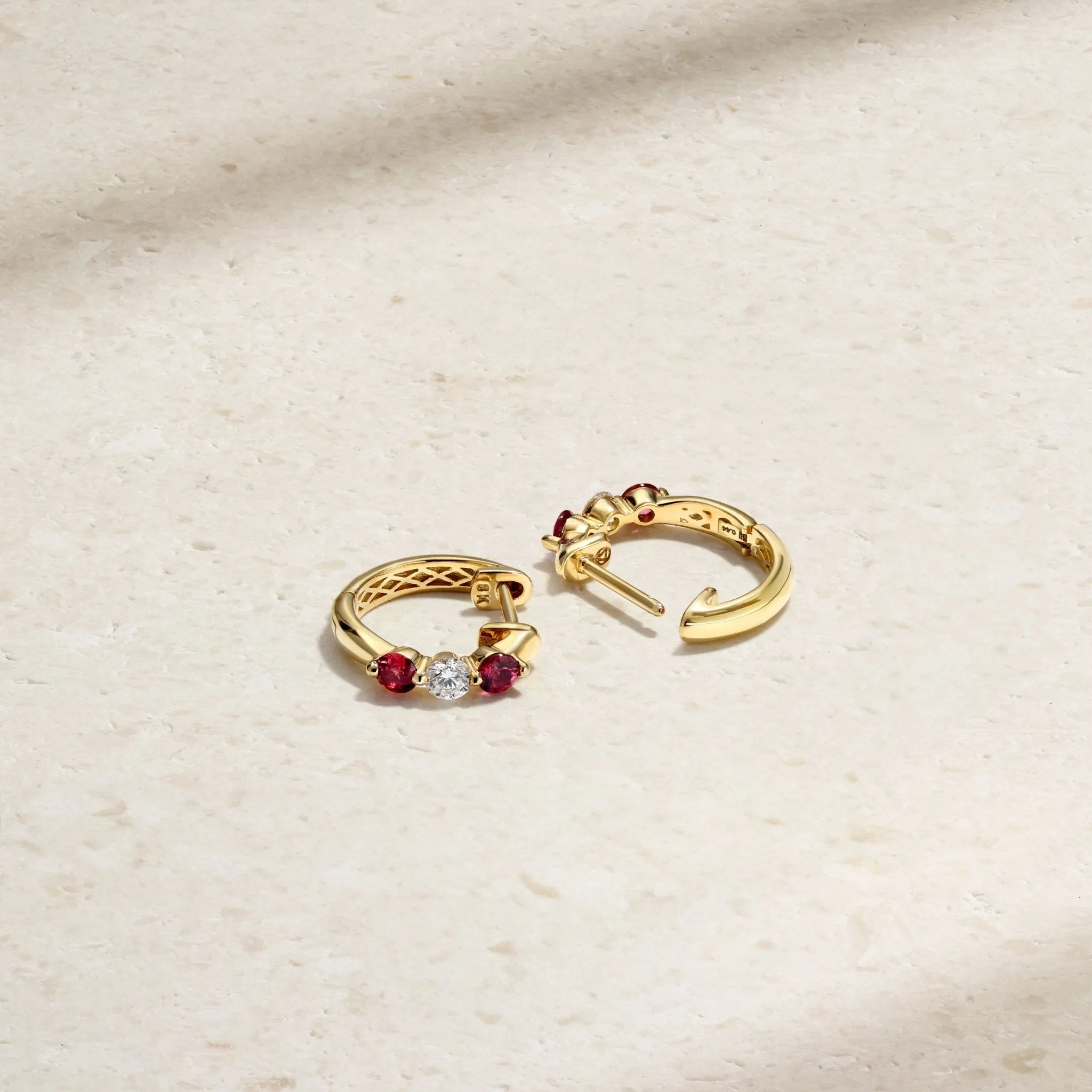 Mini Triplet Ruby and Diamond Huggie Earrings