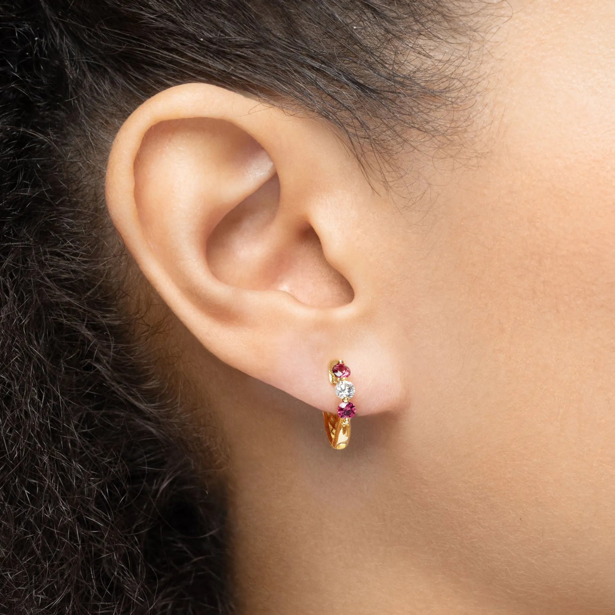 Mini Triplet Ruby and Diamond Huggie Earrings