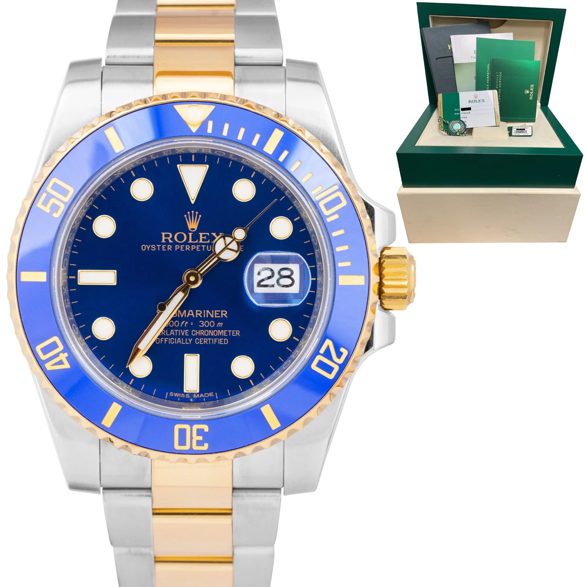 MINT 2015 Rolex Submariner Date Ceramic Two-Tone Gold Steel Blue Watch 116613 LB