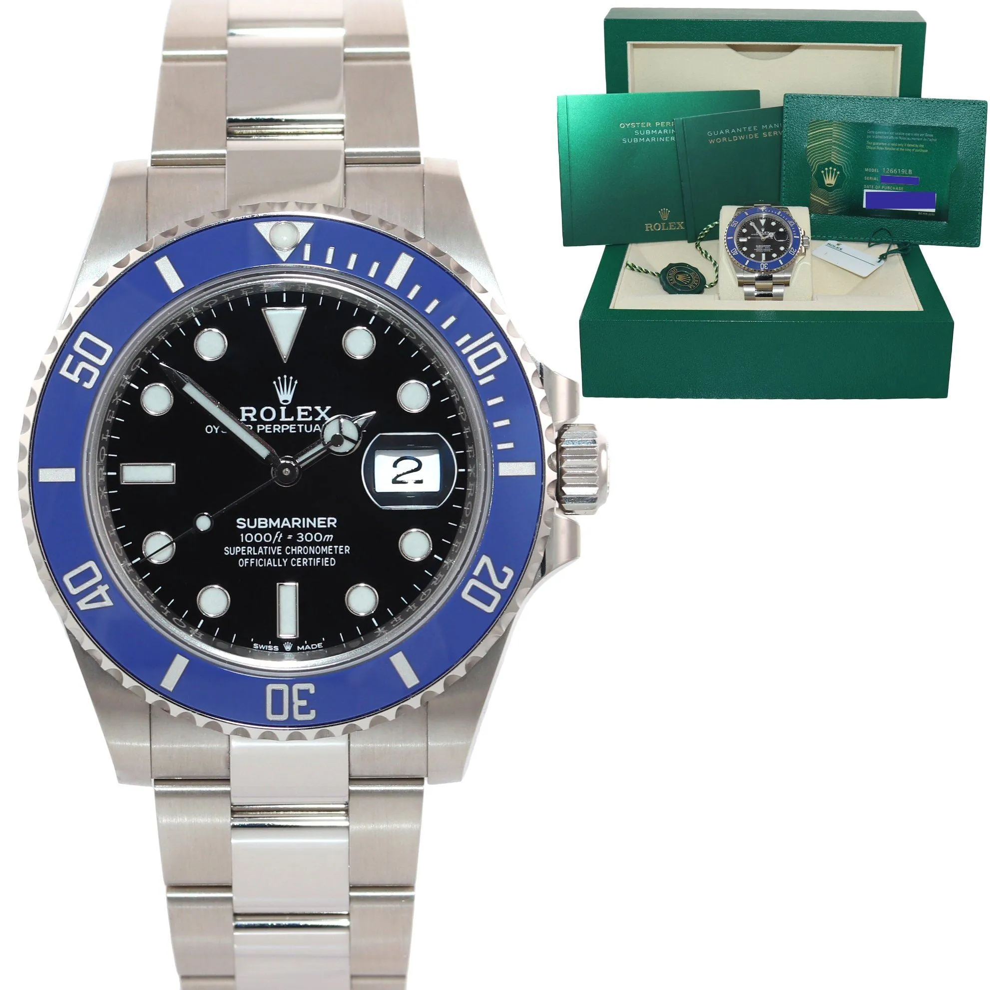 MINT 2022 NEW PAPERS Rolex Submariner Blue Smurf 126619 White Gold Watch Box