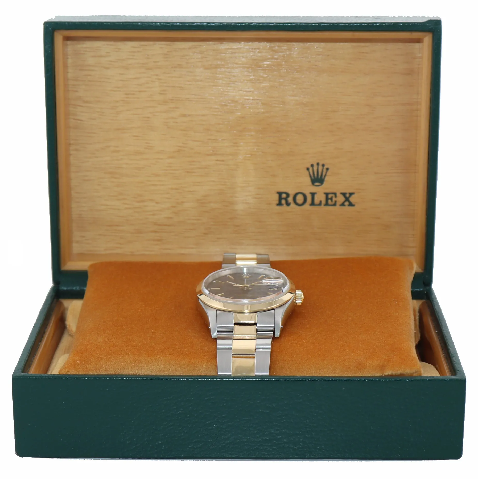 MINT Rolex Oyster Date 18k Gold Steel Two Tone Blue Dial 34mm 15203 Watch Box