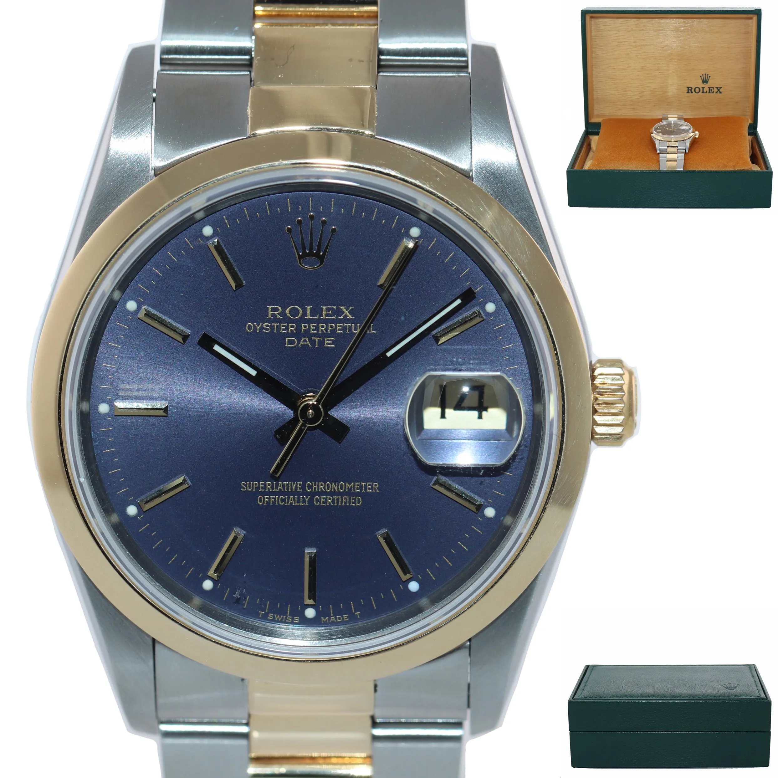 MINT Rolex Oyster Date 18k Gold Steel Two Tone Blue Dial 34mm 15203 Watch Box