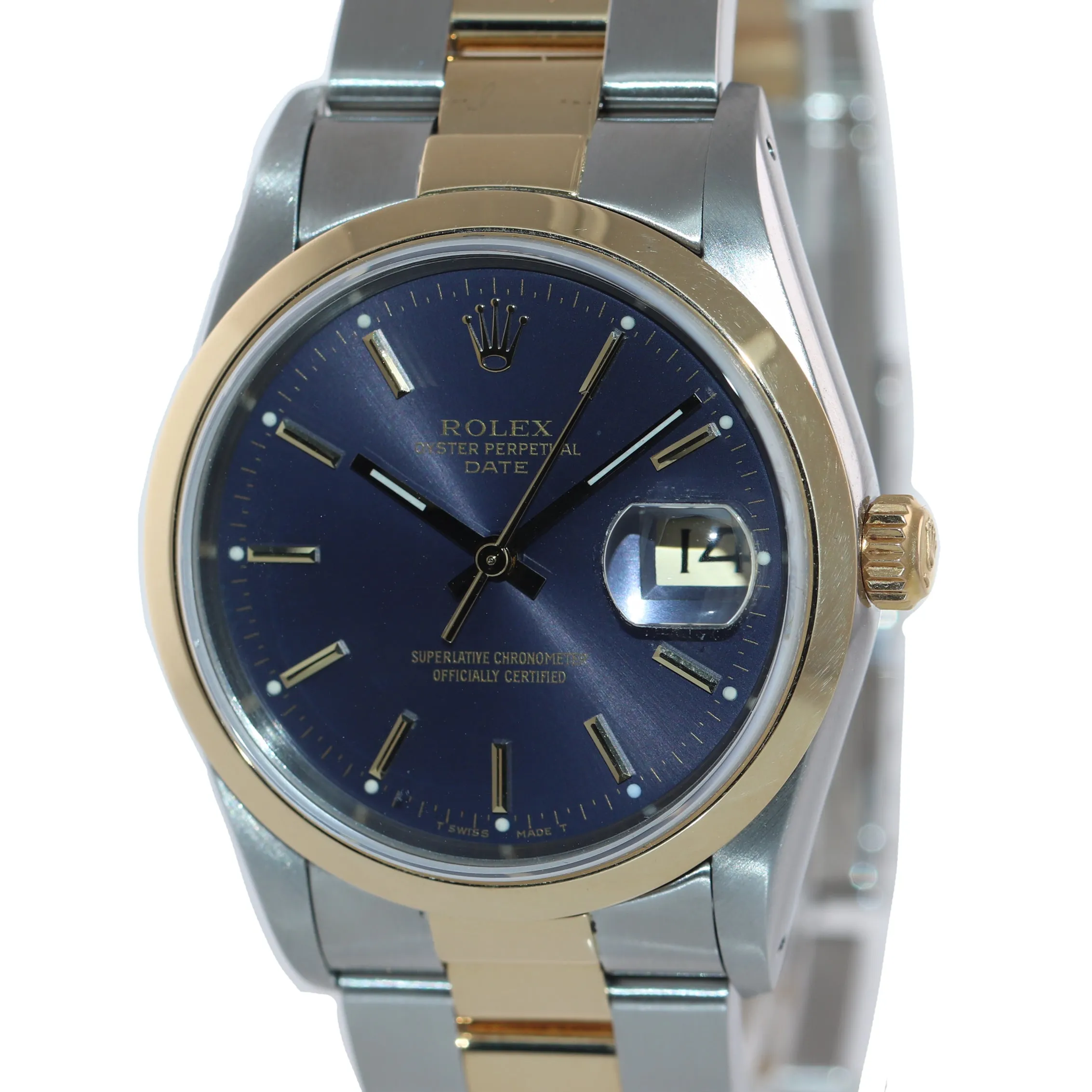 MINT Rolex Oyster Date 18k Gold Steel Two Tone Blue Dial 34mm 15203 Watch Box