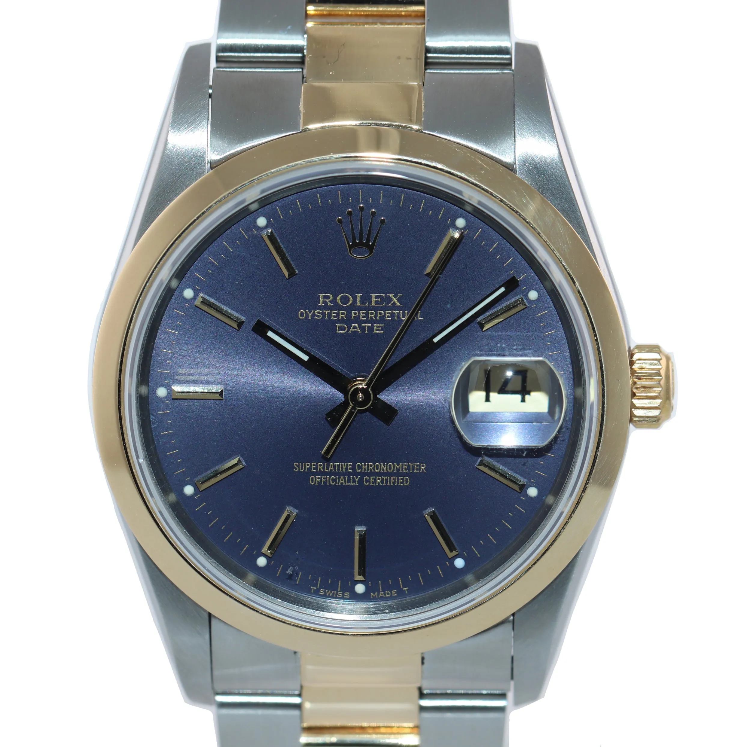 MINT Rolex Oyster Date 18k Gold Steel Two Tone Blue Dial 34mm 15203 Watch Box