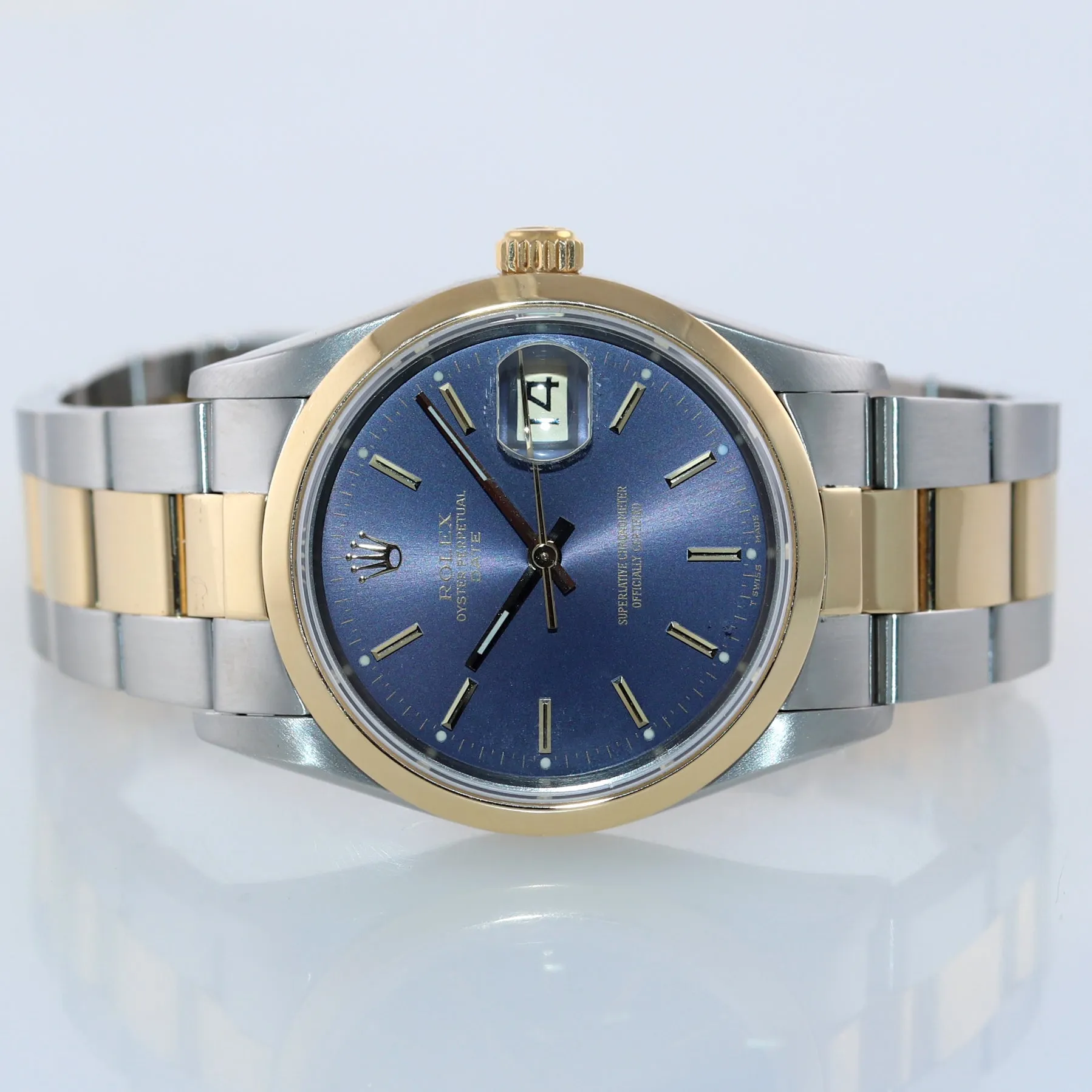 MINT Rolex Oyster Date 18k Gold Steel Two Tone Blue Dial 34mm 15203 Watch Box
