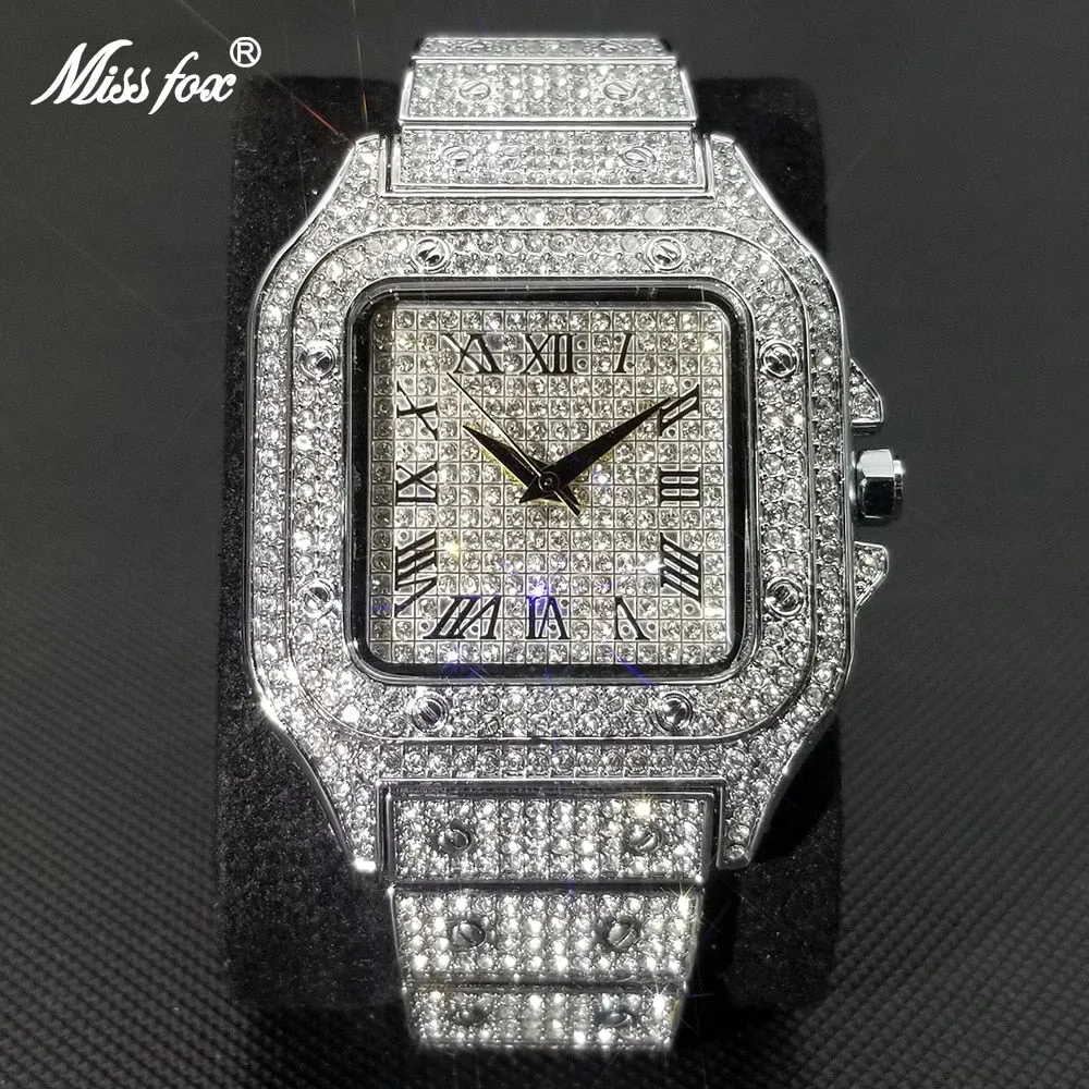 MISSFOX Ice Out Square Watch For Men Top Brand Luxury Full Diamond