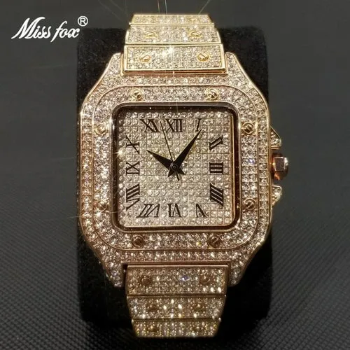 MISSFOX Ice Out Square Watch For Men Top Brand Luxury Full Diamond