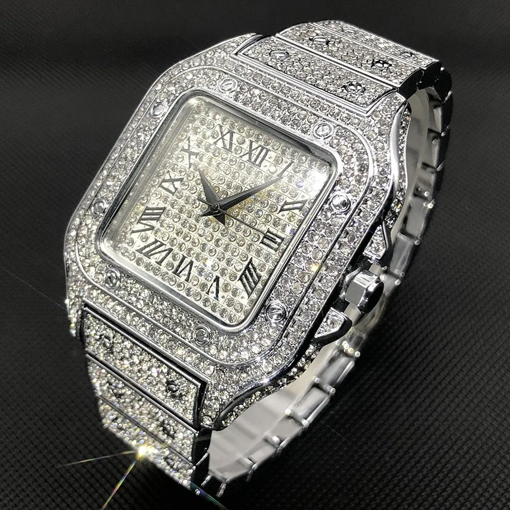 MISSFOX Ice Out Square Watch For Men Top Brand Luxury Full Diamond