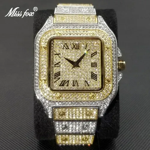 MISSFOX Ice Out Square Watch For Men Top Brand Luxury Full Diamond