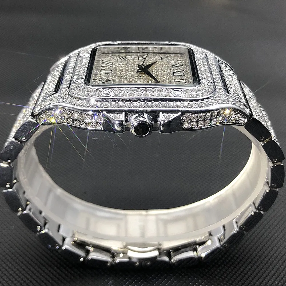 MISSFOX Ice Out Square Watch For Men Top Brand Luxury Full Diamond