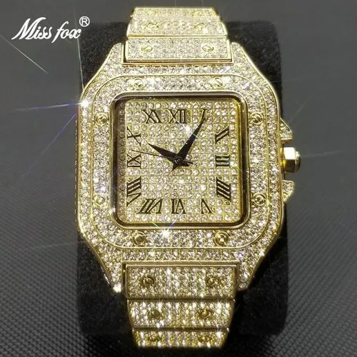 MISSFOX Ice Out Square Watch For Men Top Brand Luxury Full Diamond
