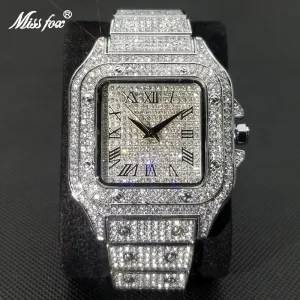 MISSFOX Ice Out Square Watch For Men Top Brand Luxury Full Diamond