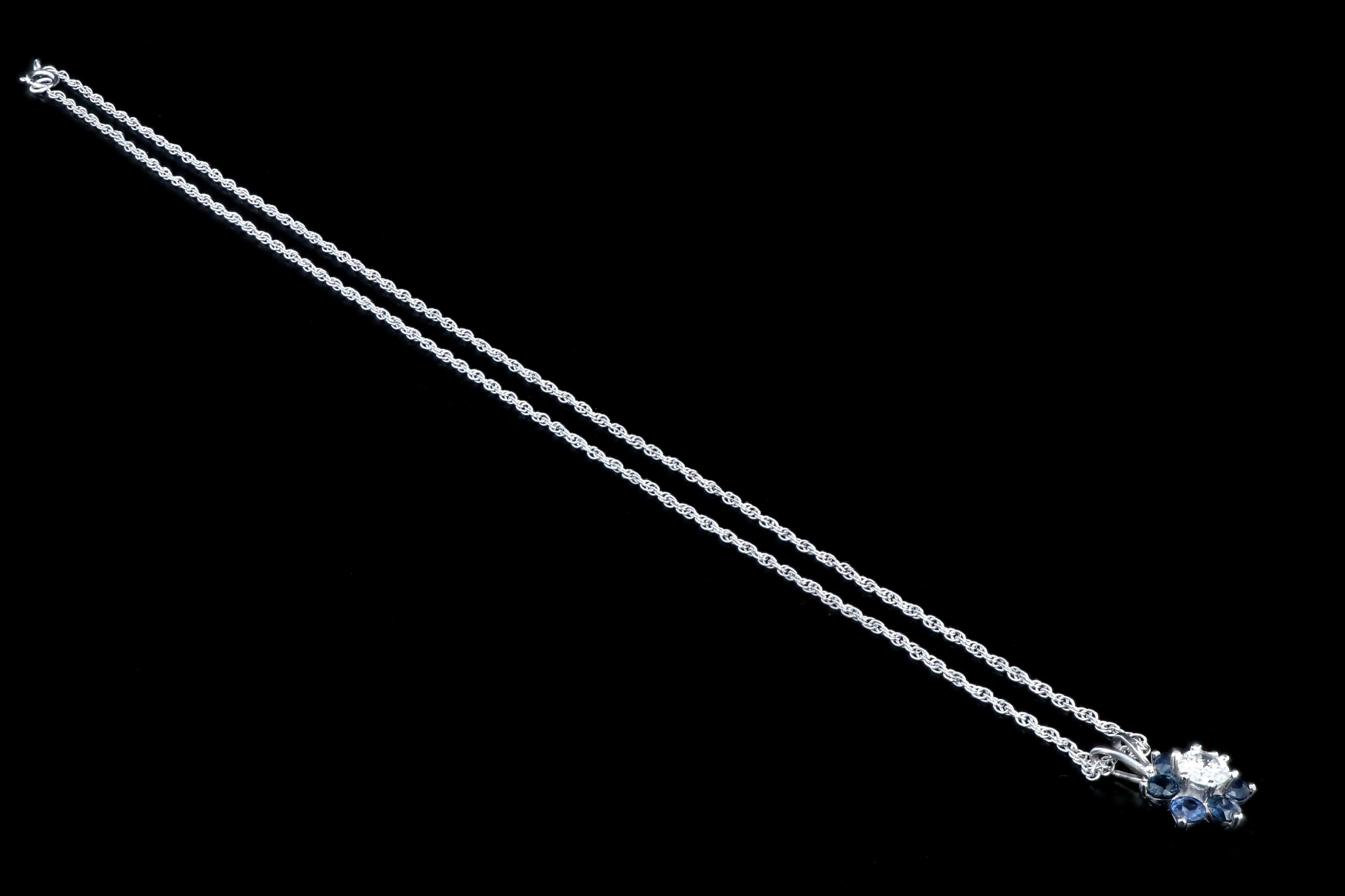 Modern 14K White Gold .40 CTS Round Diamond .60 Carats Natural Sapphires Pendant Necklace