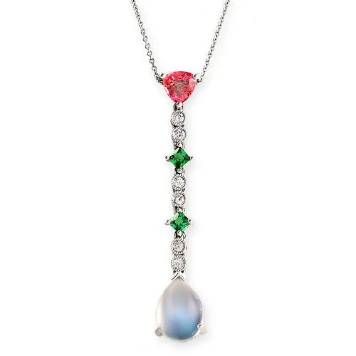 Multicolor Gems And Diamond Long Pendant Necklace, 18k White Gold