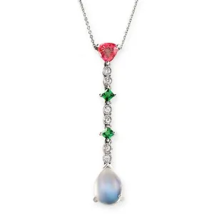Multicolor Gems And Diamond Long Pendant Necklace, 18k White Gold