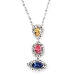 Multicolor Gems And Diamond Pendant  Necklace, 18k White Gold