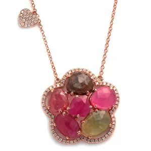 Multicolor Sapphire Slice  & Pave Diamonds Arranged in a Floral Style 14k Rose Gold Necklace