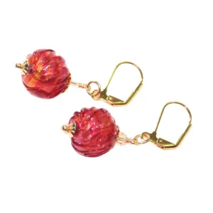 Murano Glass Ruby Pink Glacier Ball Gold Earrings
